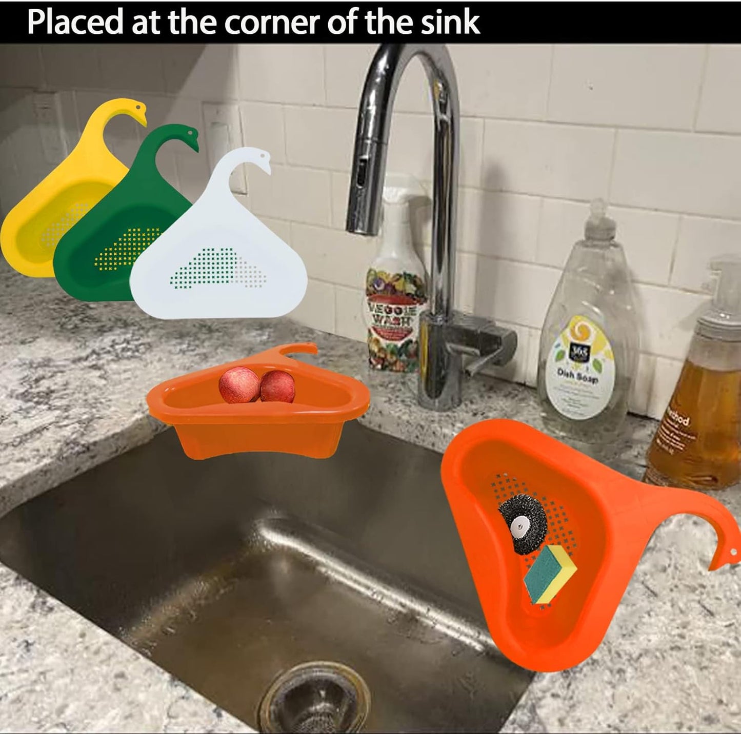 Kitchen sink drain basket swan drain rack, swan drain basket for kitchen sink, multifunctional drainer rack triangle Sink Filter vegetable and fruit drainer basket 4 PCS