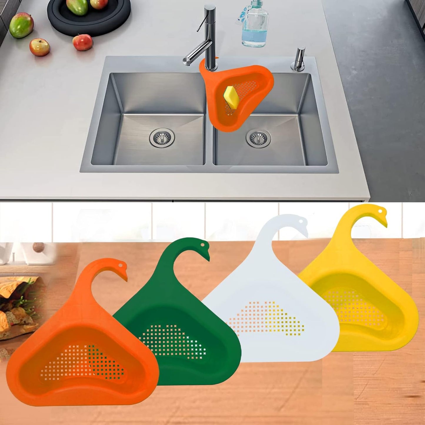 Kitchen sink drain basket swan drain rack, swan drain basket for kitchen sink, multifunctional drainer rack triangle Sink Filter vegetable and fruit drainer basket 4 PCS