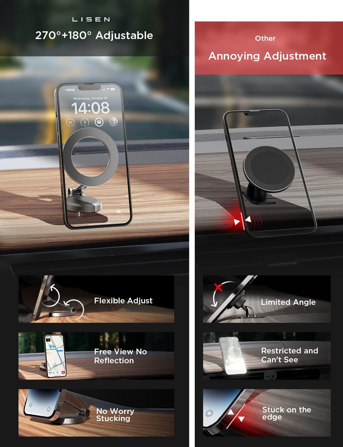 LISEN Ultra Magnetic Car Phone Holder, for MagSafe Car Mount, Car Accessories for iPhone, MagSafe Car Mount Magnet Phone Holder for Car, Fit for iPhone 16, 15, 14, 13, Series and MagSafe Case, Black