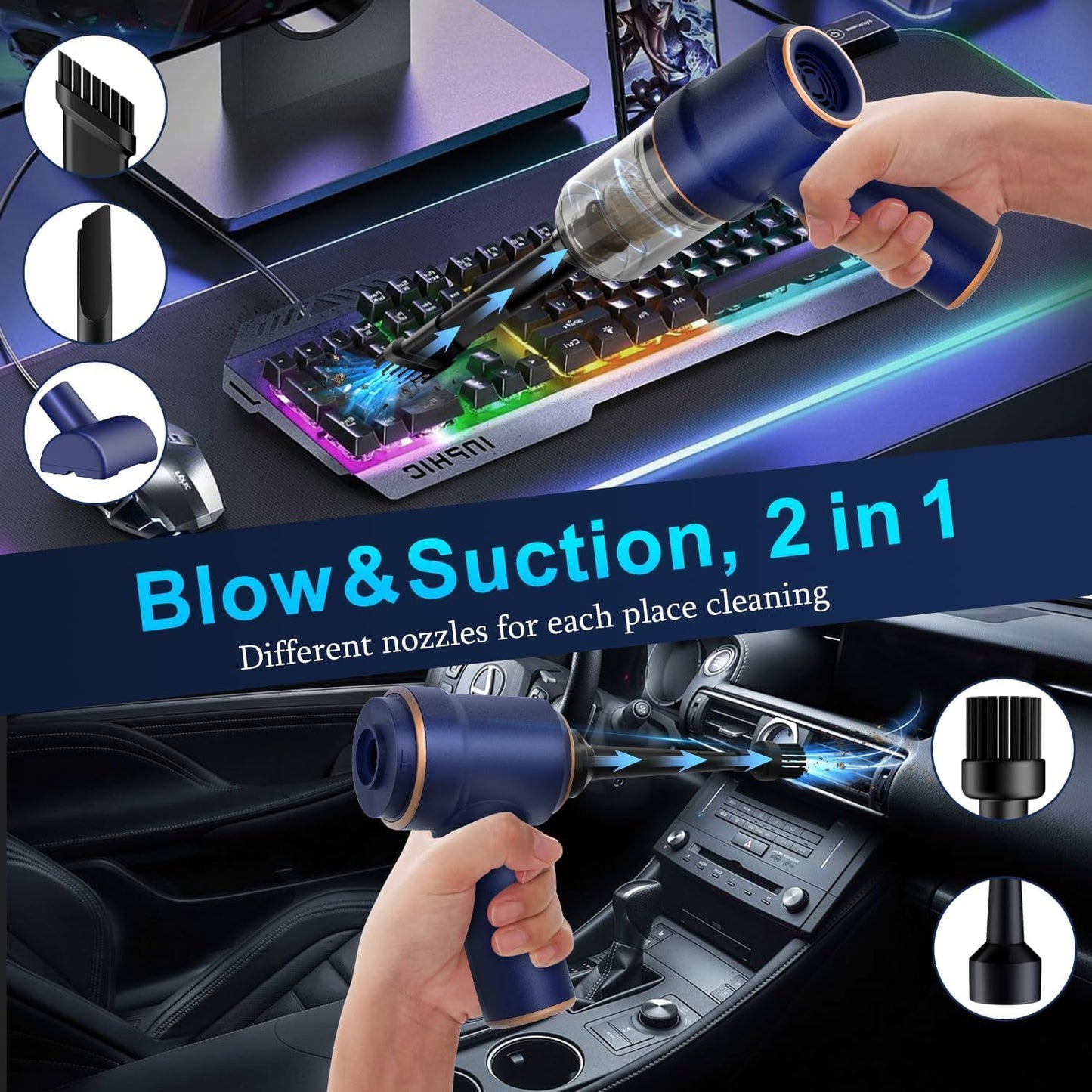 KMM Aspiradora de mano para automóvil, aspiradora de 9000 Pa y plumero de aire, aspiradora de mano de alta potencia de 120 W con luz LED y boquillas múltiples para automóvil, hogar, oficina, mascotas