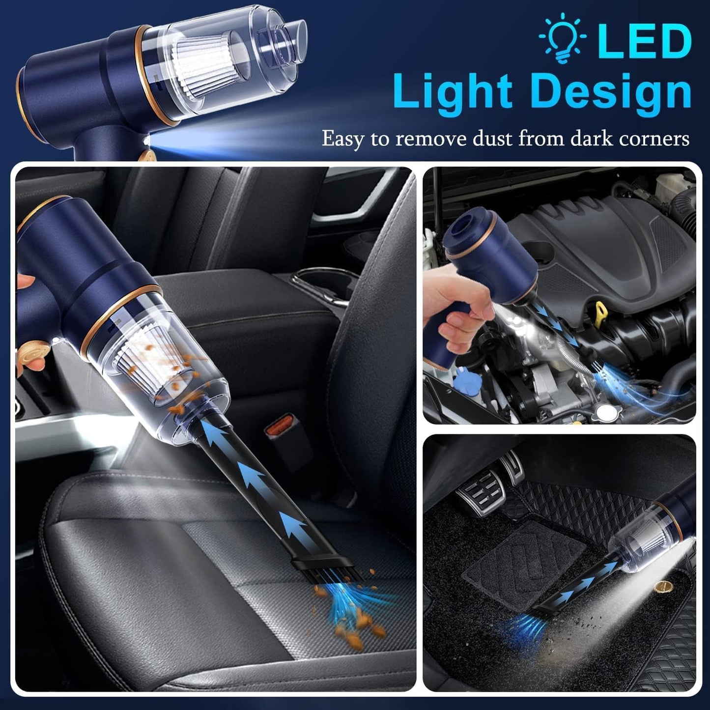 KMM Aspiradora de mano para automóvil, aspiradora de 9000 Pa y plumero de aire, aspiradora de mano de alta potencia de 120 W con luz LED y boquillas múltiples para automóvil, hogar, oficina, mascotas
