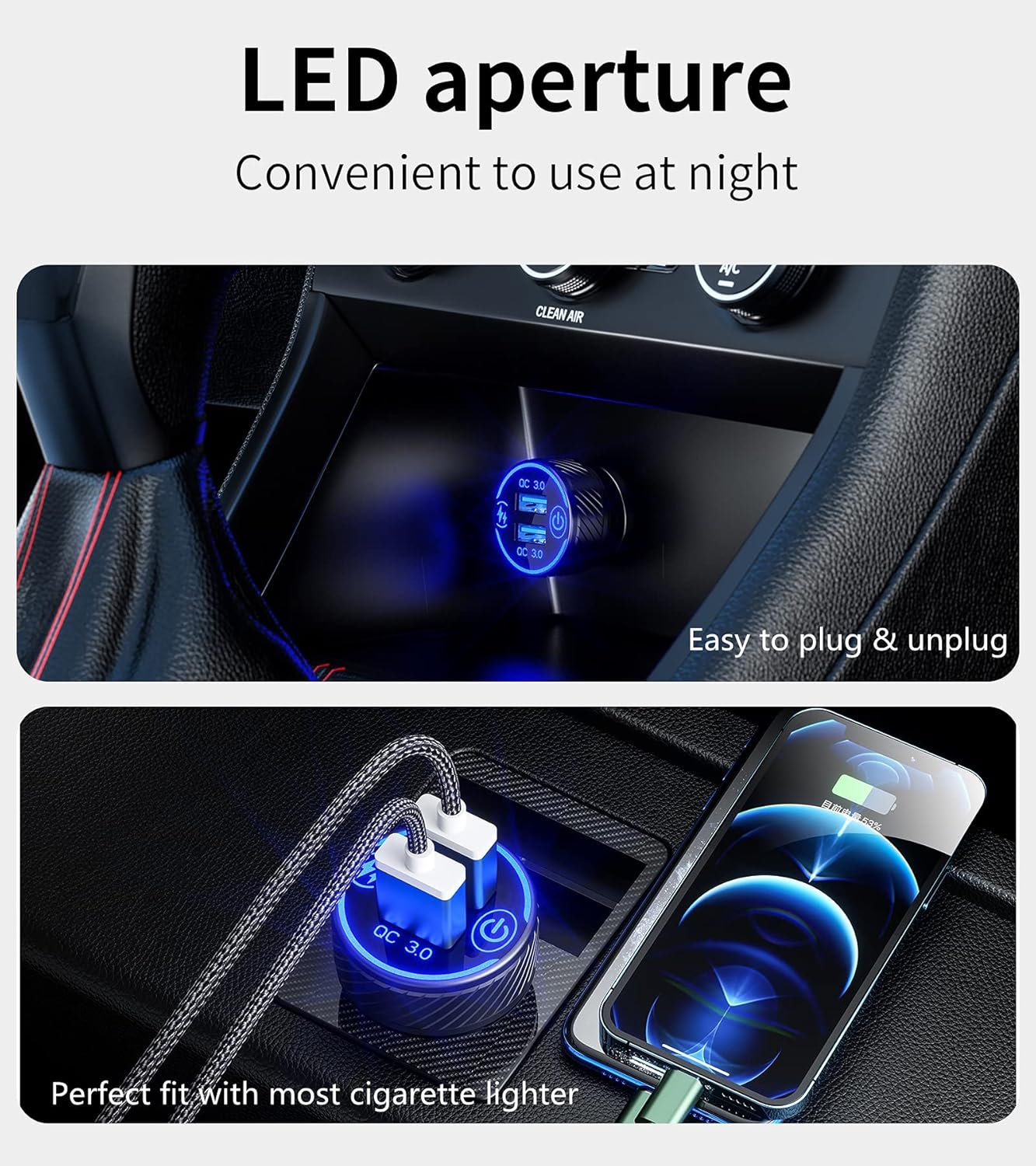 KEWIG Car Charger, 36W 3A Fast Car Charger Adapter, Dual QC3.0 USB Car Charger Fast Charge with Blue LED & ON/Off Switch