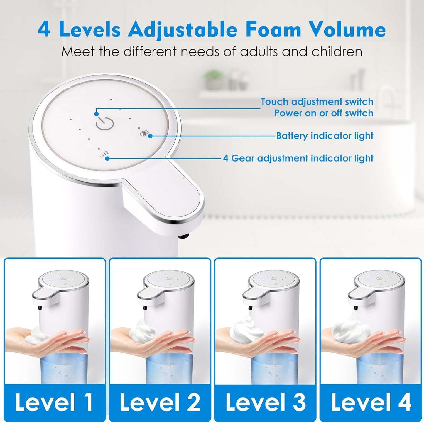Dispensador automático de jabón espumoso, dispensador de jabón de manos de espuma sin contacto para baño, 4 niveles ajustables, 13.5 oz/13.5 fl oz, montado en la pared, recargable