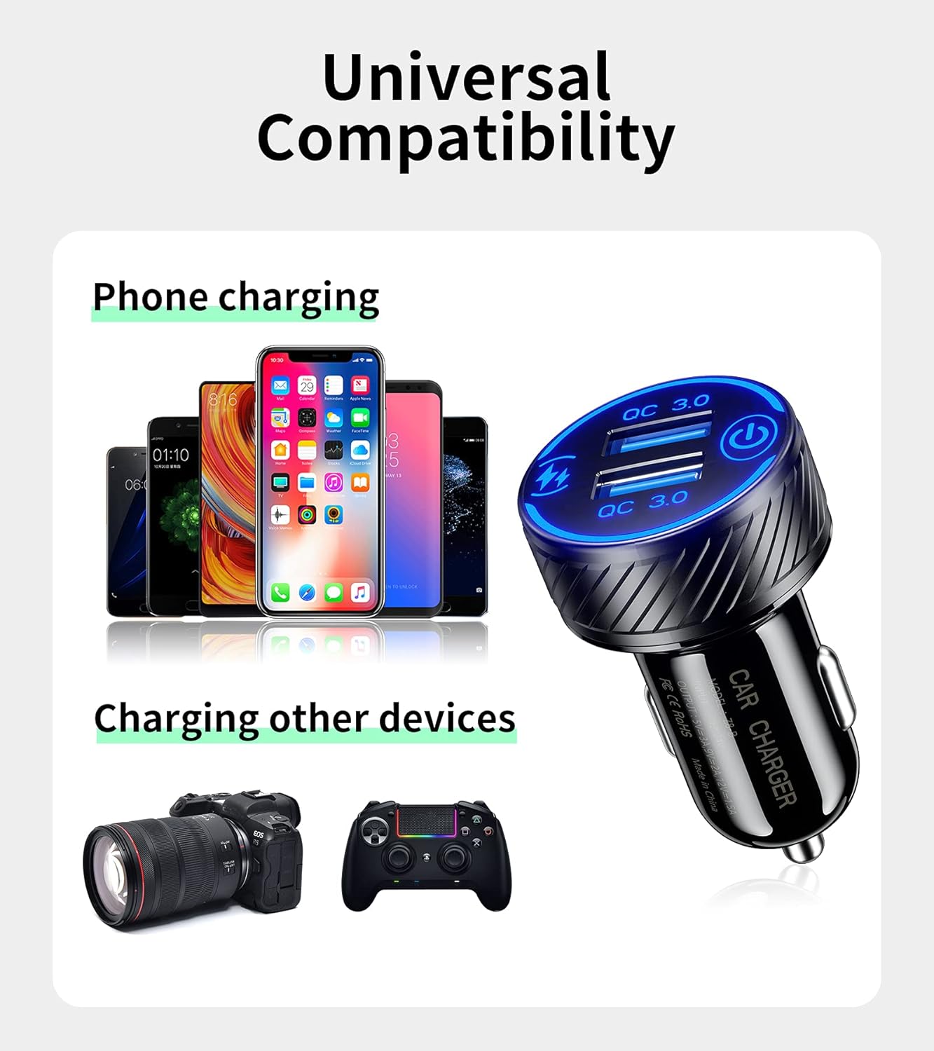KEWIG Car Charger, 36W 3A Fast Car Charger Adapter, Dual QC3.0 USB Car Charger Fast Charge with Blue LED & ON/Off Switch