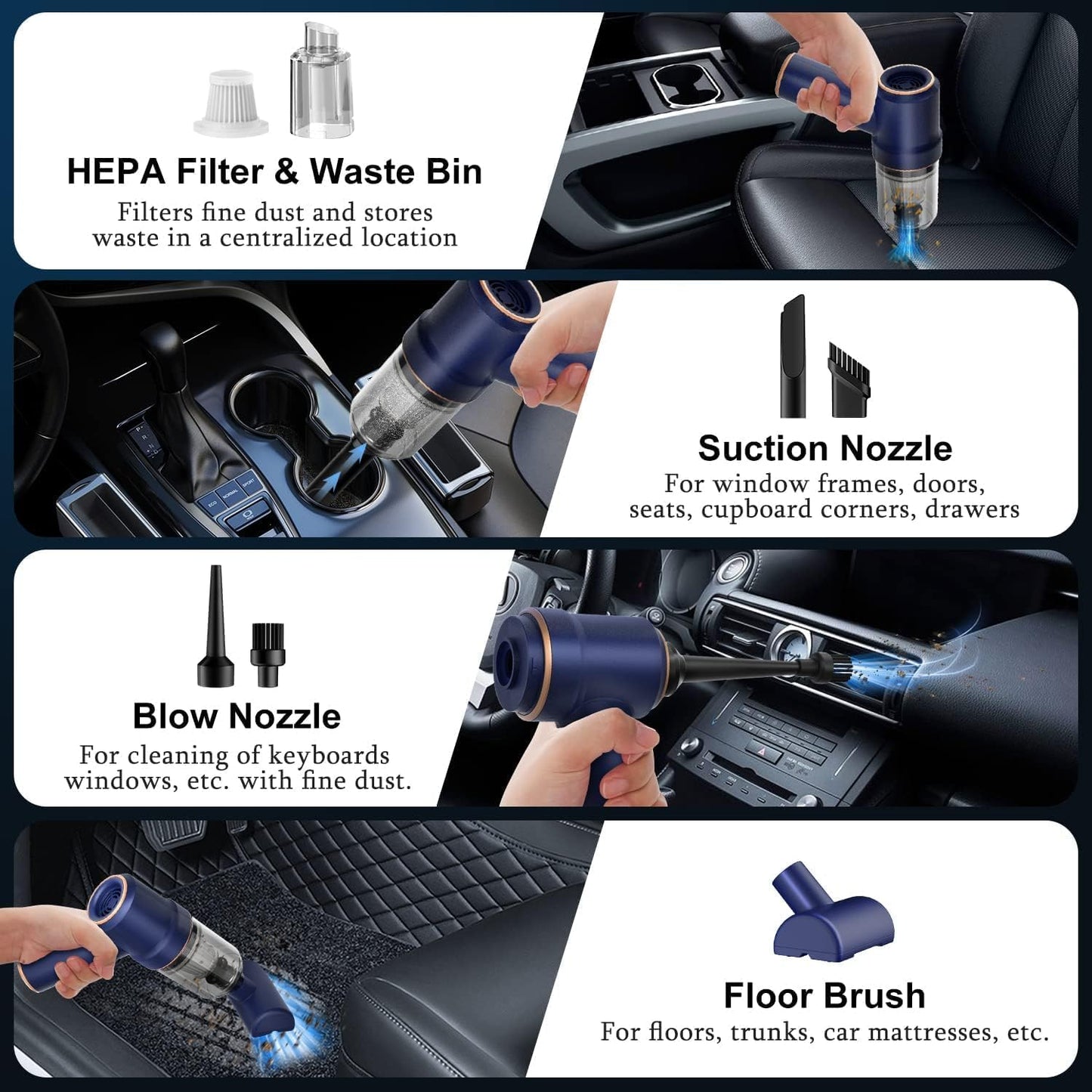 KMM Aspiradora de mano para automóvil, aspiradora de 9000 Pa y plumero de aire, aspiradora de mano de alta potencia de 120 W con luz LED y boquillas múltiples para automóvil, hogar, oficina, mascotas