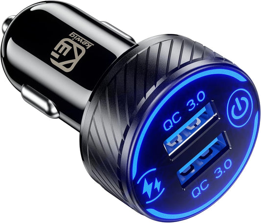 KEWIG Car Charger, 36W 3A Fast Car Charger Adapter, Dual QC3.0 USB Car Charger Fast Charge with Blue LED & ON/Off Switch