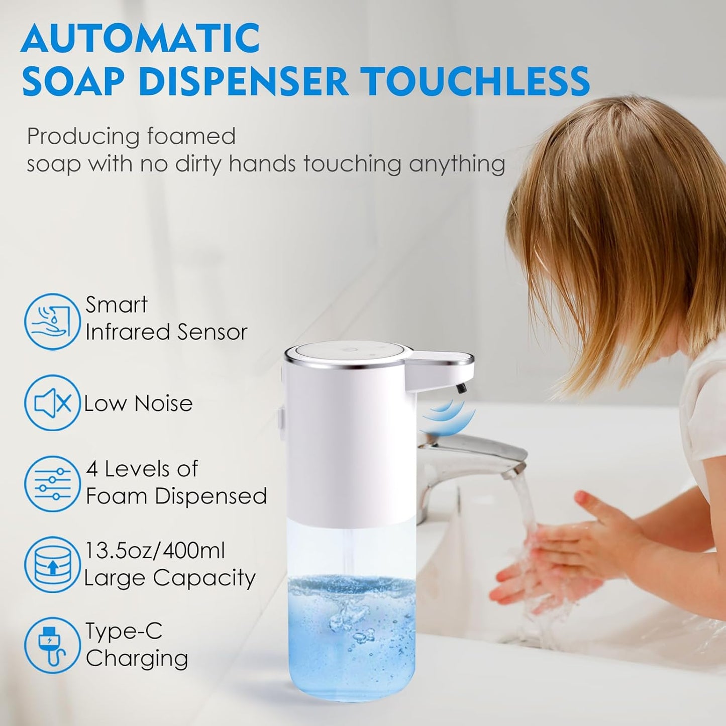 Dispensador automático de jabón espumoso, dispensador de jabón de manos de espuma sin contacto para baño, 4 niveles ajustables, 13.5 oz/13.5 fl oz, montado en la pared, recargable