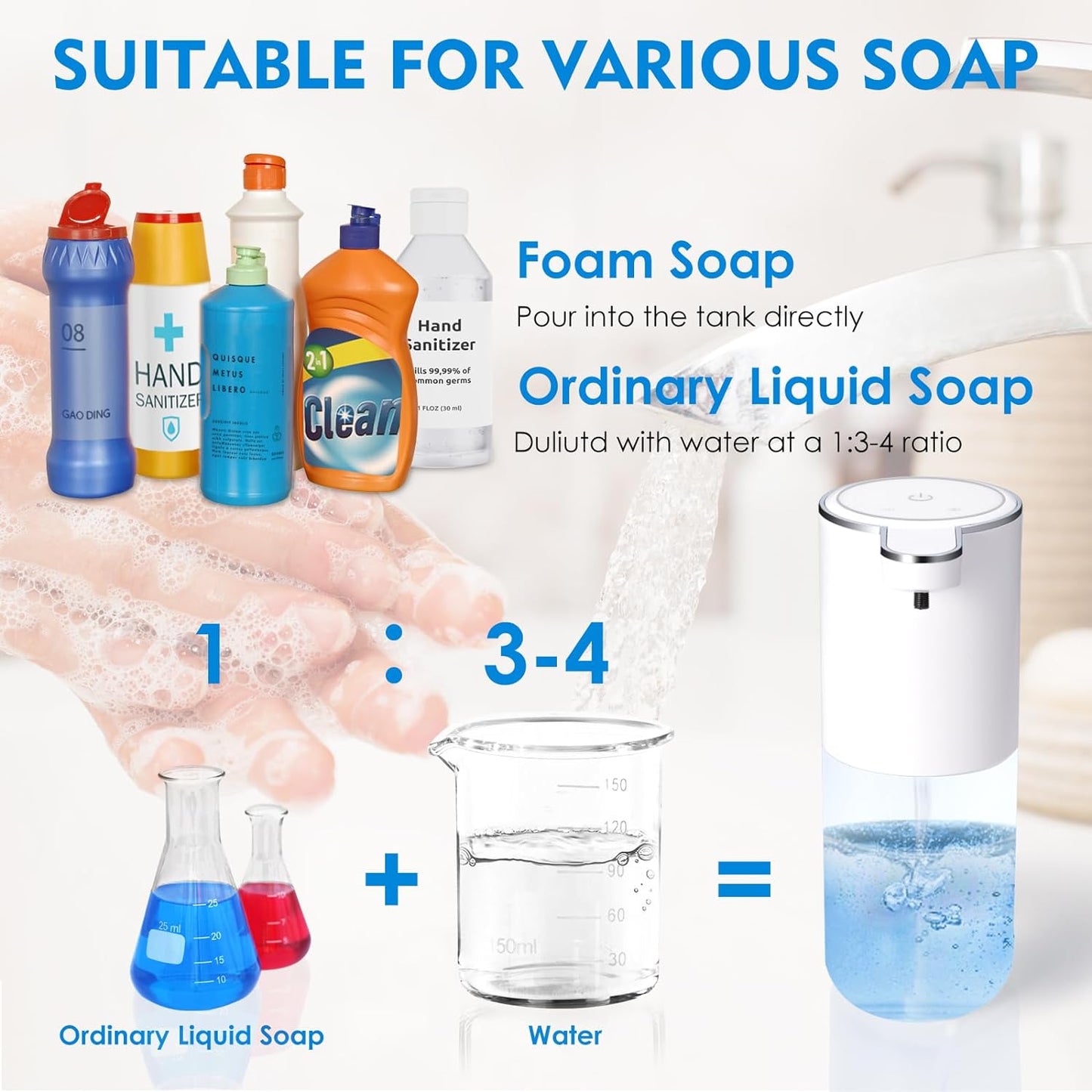 Dispensador automático de jabón espumoso, dispensador de jabón de manos de espuma sin contacto para baño, 4 niveles ajustables, 13.5 oz/13.5 fl oz, montado en la pared, recargable